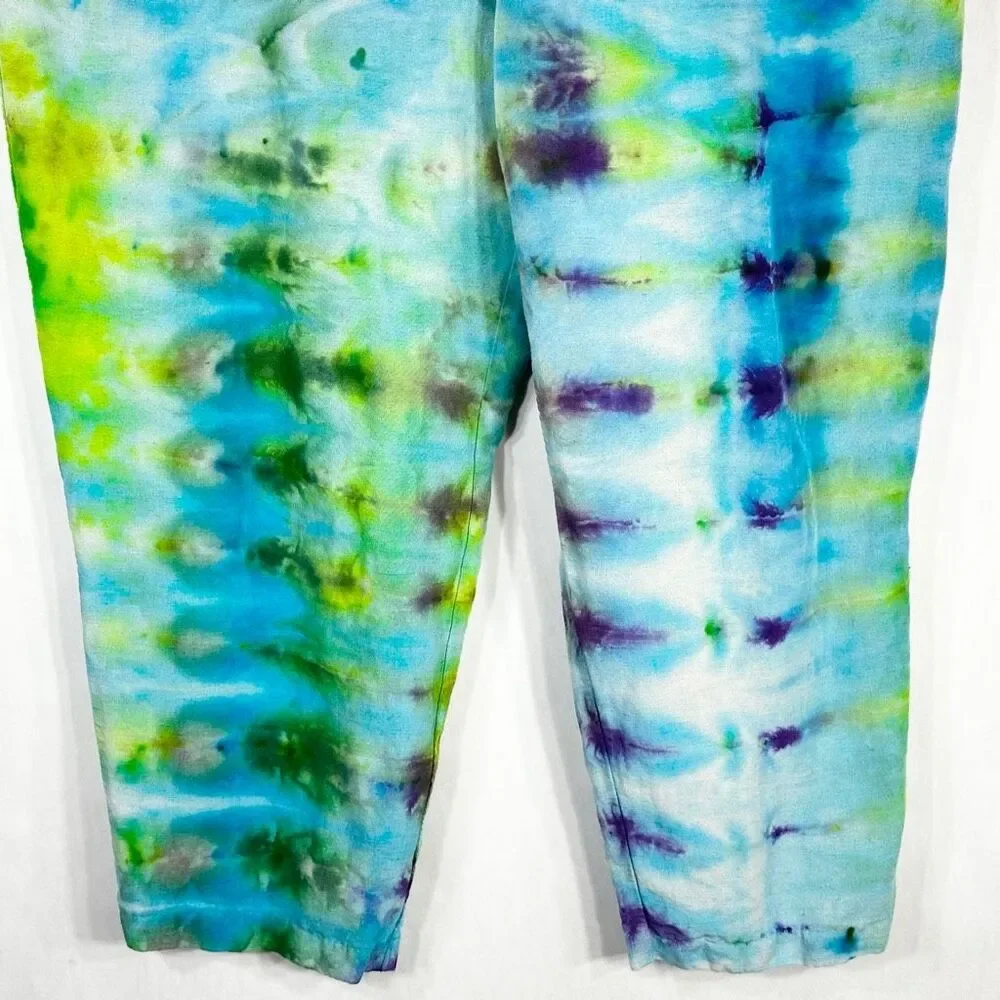 HM XL‎ Pants Dreaming Blue Tie Dye Handmade Blue Green Linen Cropped Pockets 689